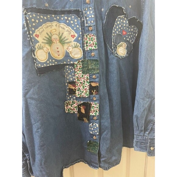 VINTAGE Denim Christmas Shirt Button Up Embroidered patchworks HANDMADE 4xL - Picture 5 of 13